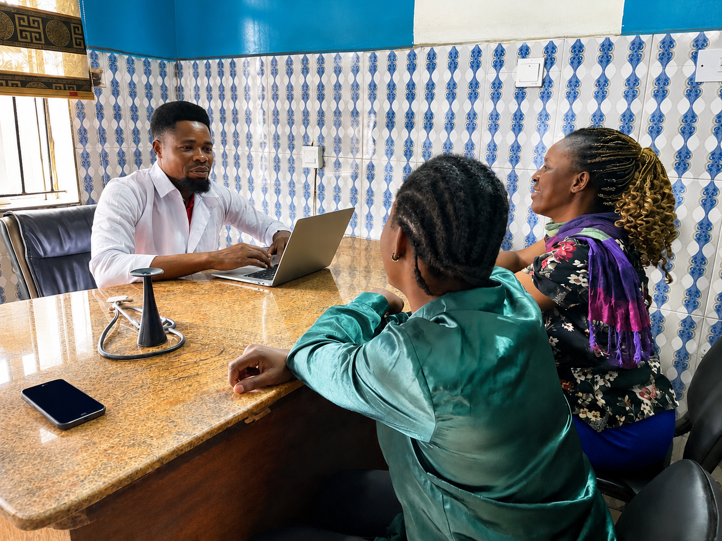 A doctor and patient engaging in a positive consultation in a bright clinic setting.